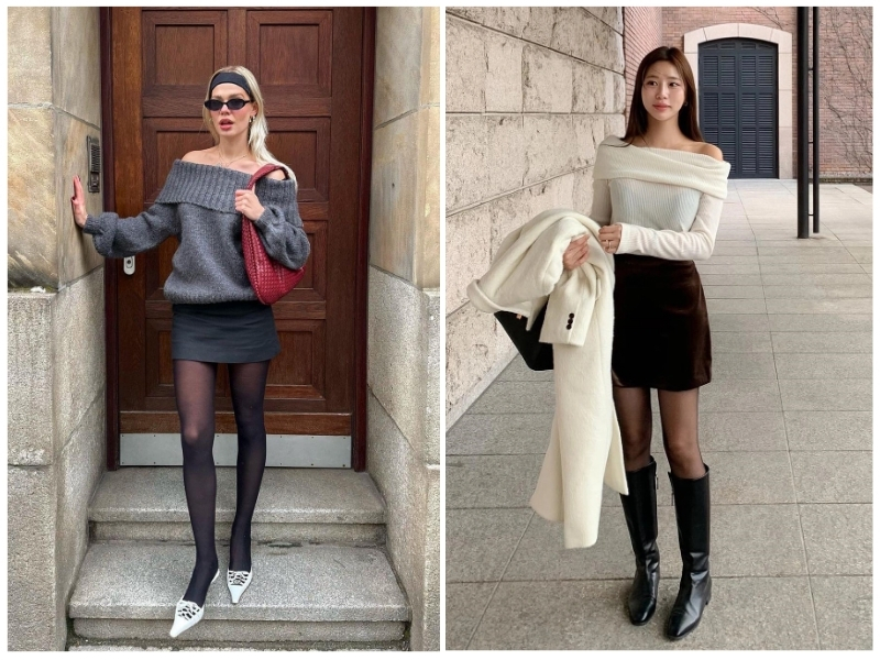 phối đồ với quần tất đen