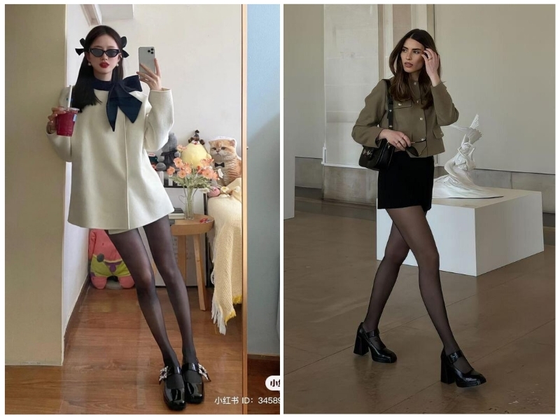 phối đồ với quần tất đen