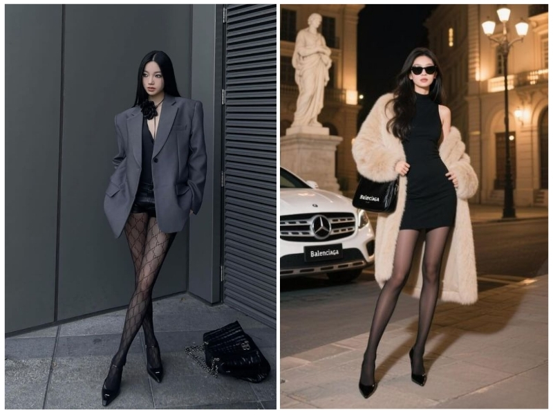 phối đồ với quần tất đen
