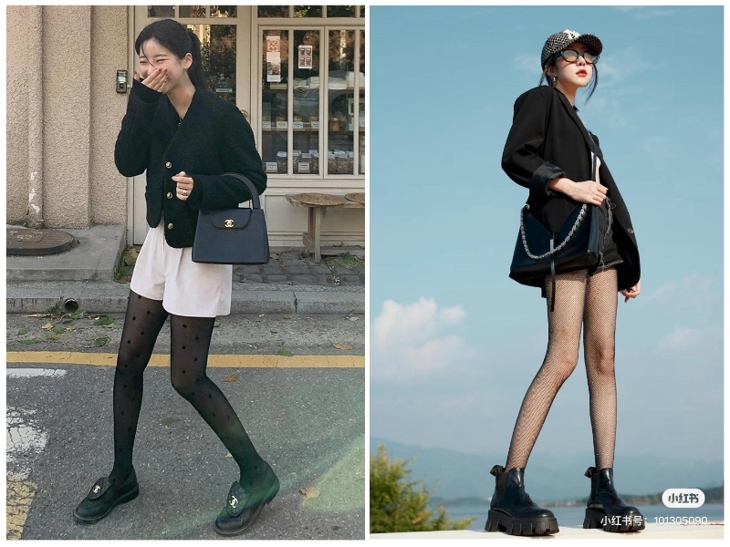 phối đồ với quần tất đen