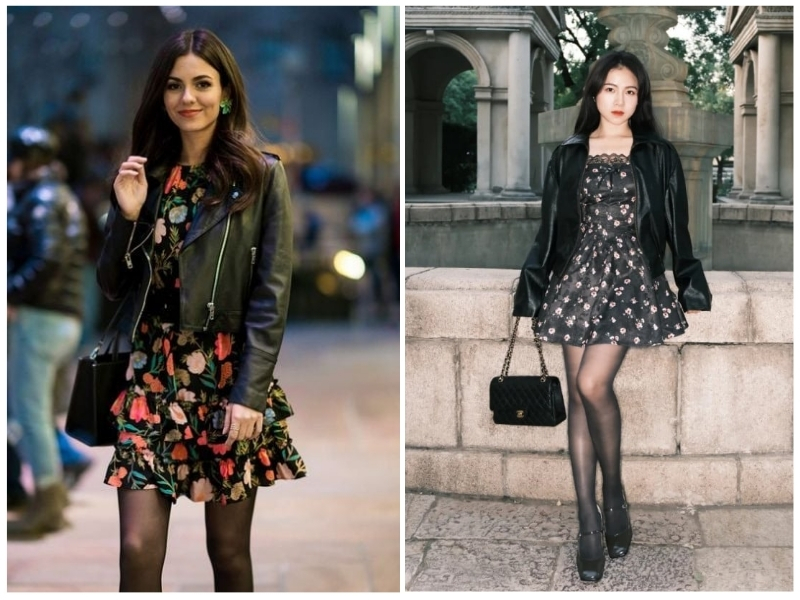 phối đồ với quần tất đen