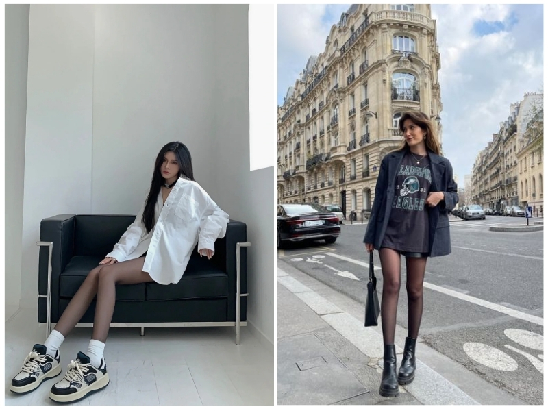 phối đồ với quần tất đen