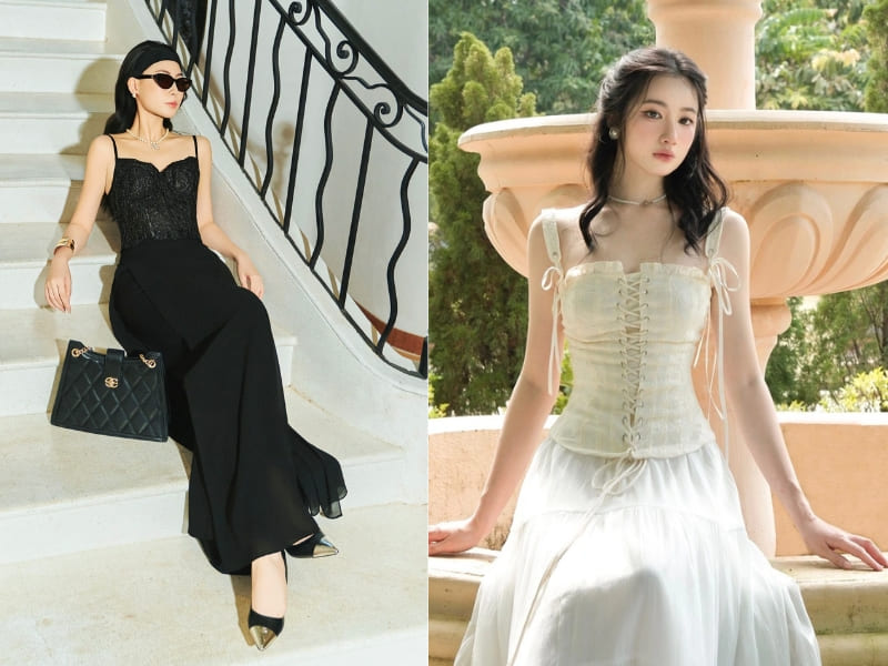 Áo corset viền ren, chân váy midi nữ tính Áo corset viền ren, chân váy midi nữ tính