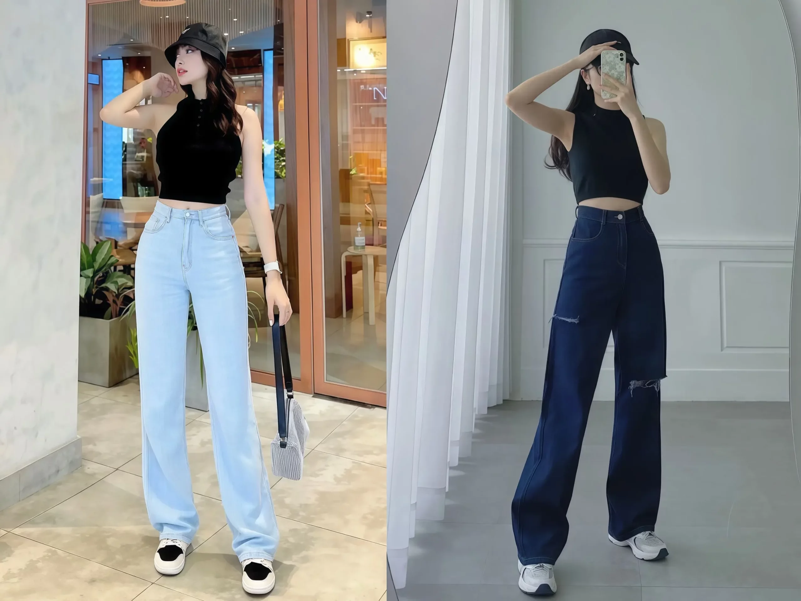 Áo croptop và quần jean ống rộng