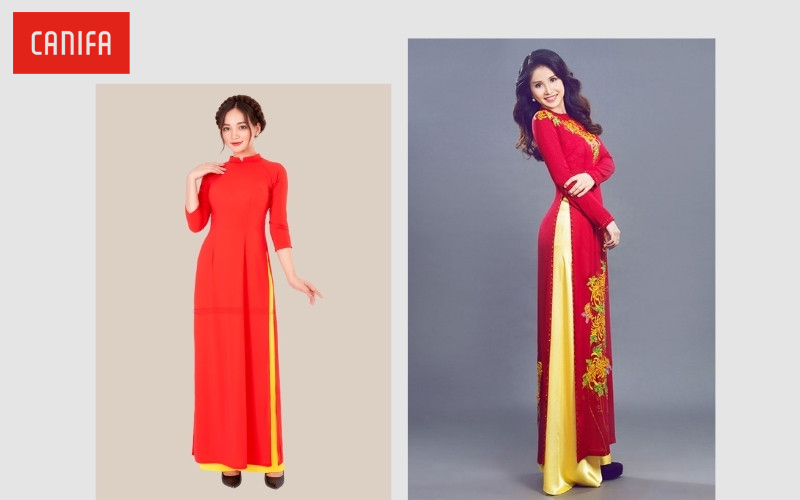 Áo dài đỏ phối quần màu vàng đồng/vàng kem: Nét đẹp hoài cổ và ấm áp