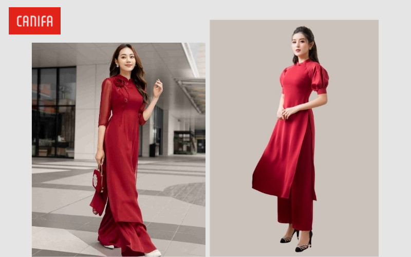 Phối áo dài đỏ với quần đỏ đậm