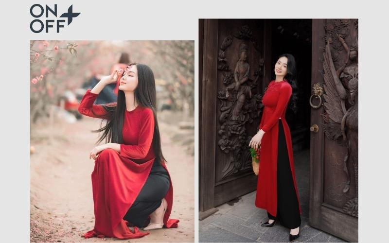 Áo dài đỏ phối quần màu đen: Sang trọng và huyền bí