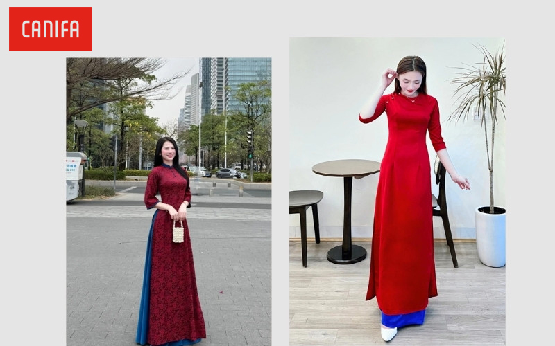 Áo dài đỏ phối quần xanh navy: Cổ điển và thanh lịch