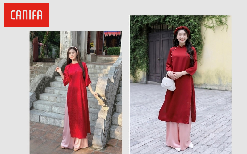 Áo dài đỏ phối quần màu hồng phấn: Ngọt ngào và nữ tính