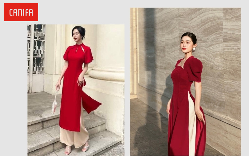 Áo dài đỏ phối quần màu nude: Tôn dáng và tinh tế