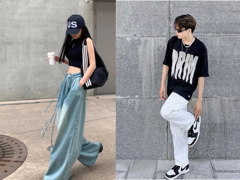 quần jean ống rộng mặc với áo thun