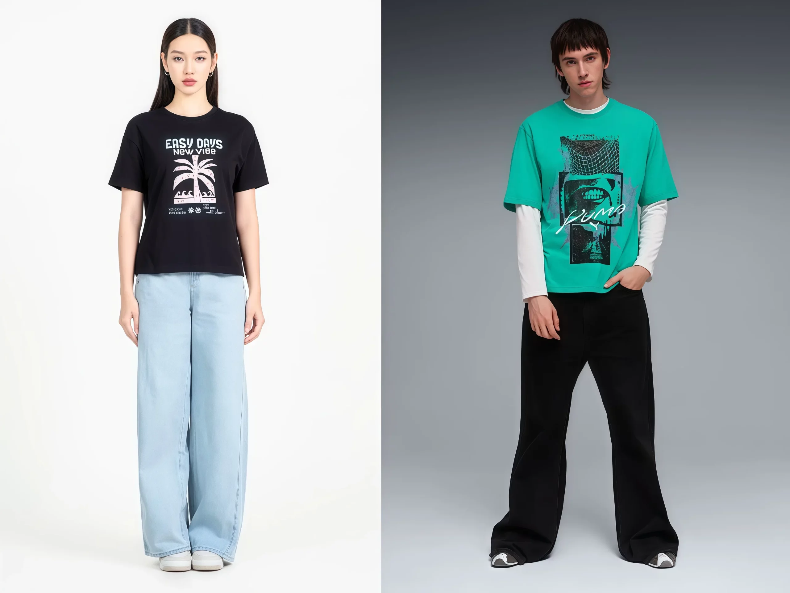 Áo thun graphic và quần jean ống rộng