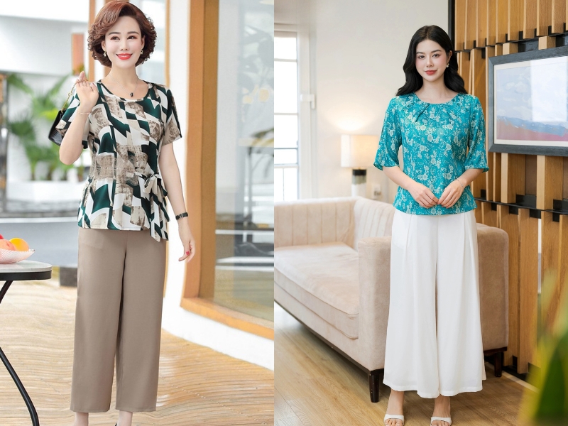Áo phông trung niên nữ phối với quần ống rộng Áo phông trung niên nữ phối với quần ống rộng