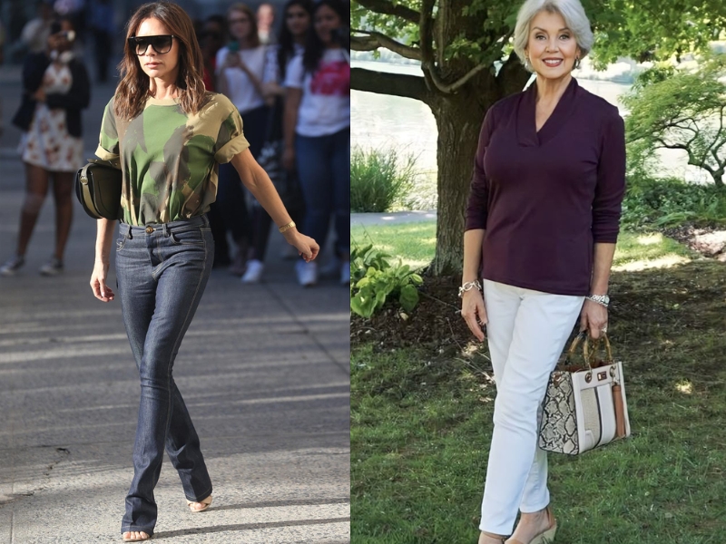 Áo thun cho phụ nữ trung niên kết hợp quần jeans Áo thun cho phụ nữ trung niên kết hợp quần jeans