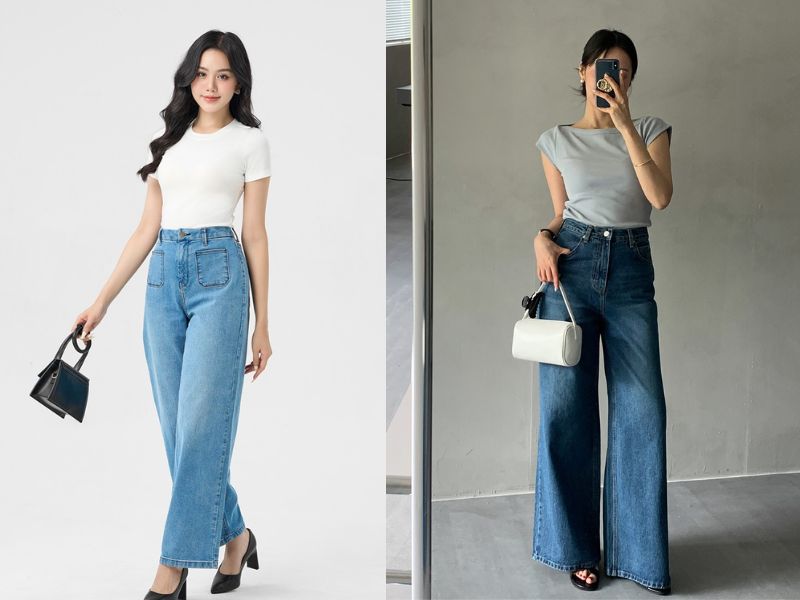 phối áo thun với quần jean ống rộng
