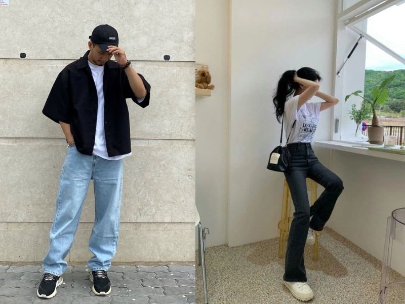 phối áo thun với quần jean ống rộng