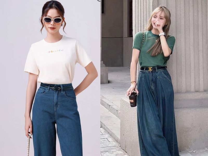 phối áo thun với quần jean ống rộng