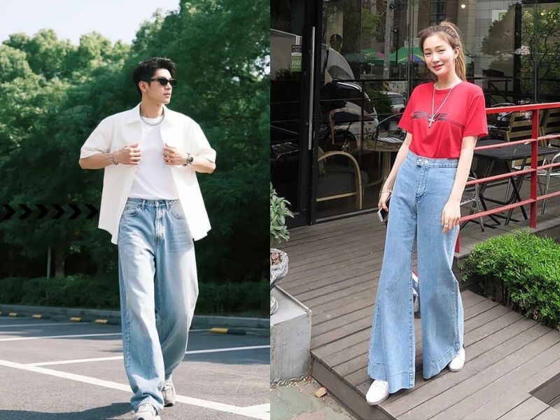 mix áo thun với quần jean ống rộng
