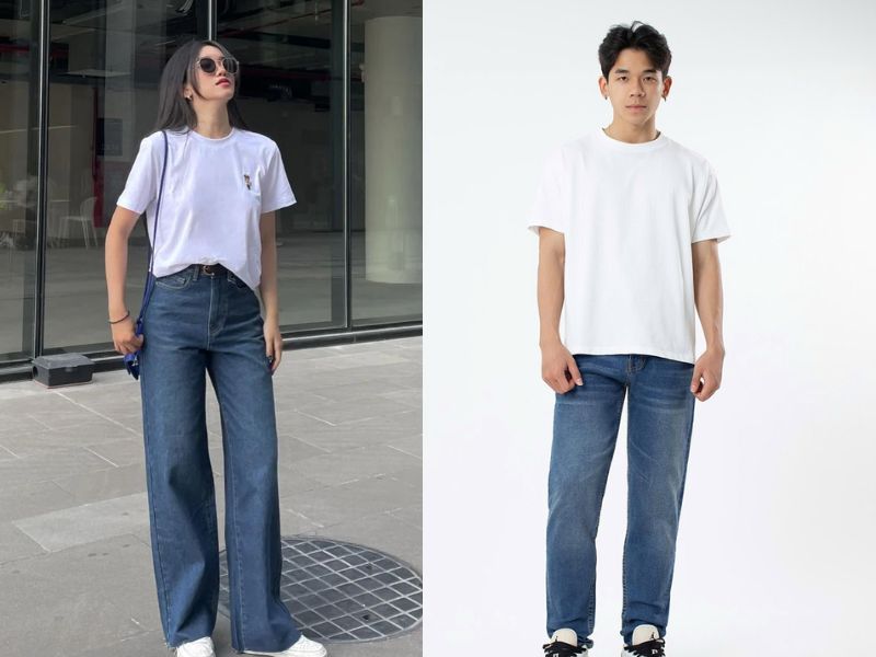 phối quần jean ống rộng với áo thun