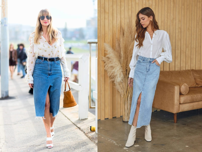 phối chân váy jean đi đám cưới