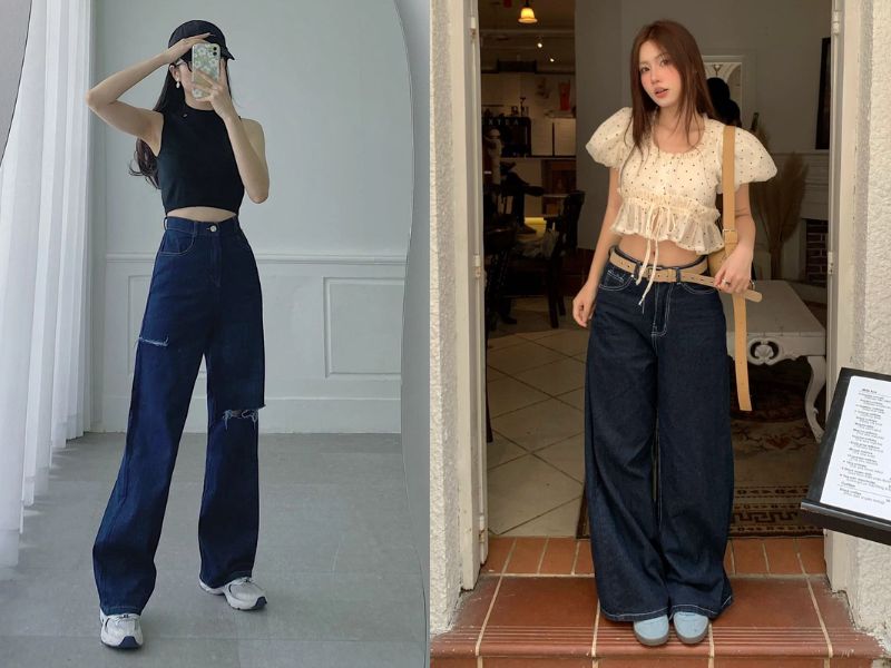 áo thun phối quần jean ống rộng