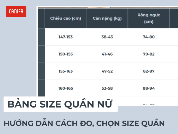 bảng size quần nữ chuẩn