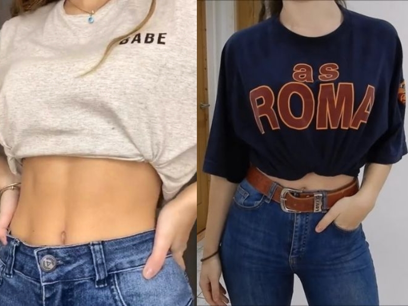 cách buộc áo phông thành áo croptop