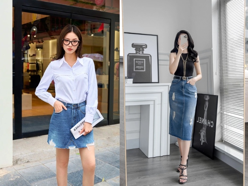 chân váy jean phối áo đi tiệc