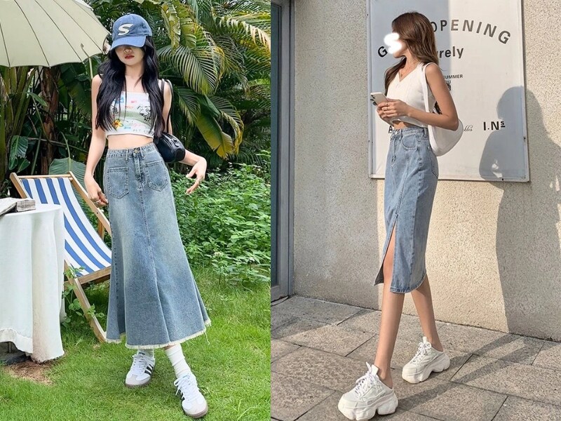 phối chân váy jean dài đi tiệc