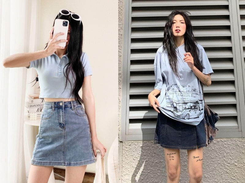 chân váy jean phối áo đi tiệc