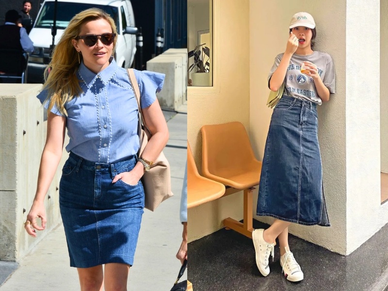 cách phối chân váy jean đi tiệc