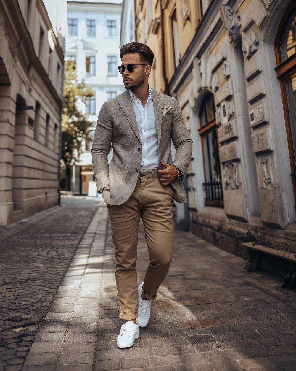 Blazer + quần kaki (smart casual)