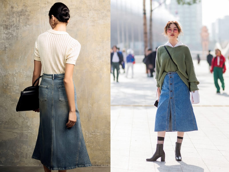 cách phối đồ với chân váy jean đi đám cưới