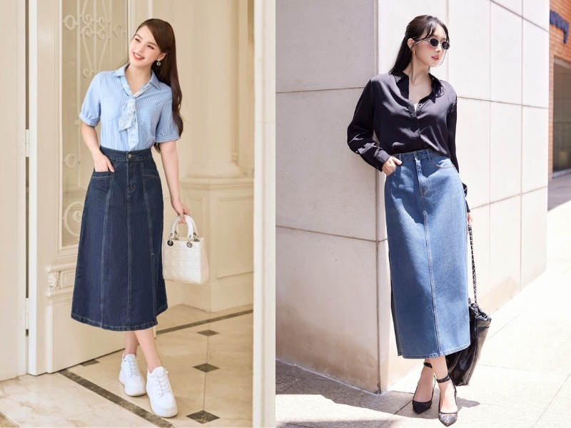 phối chân váy jean dài đi tiệc