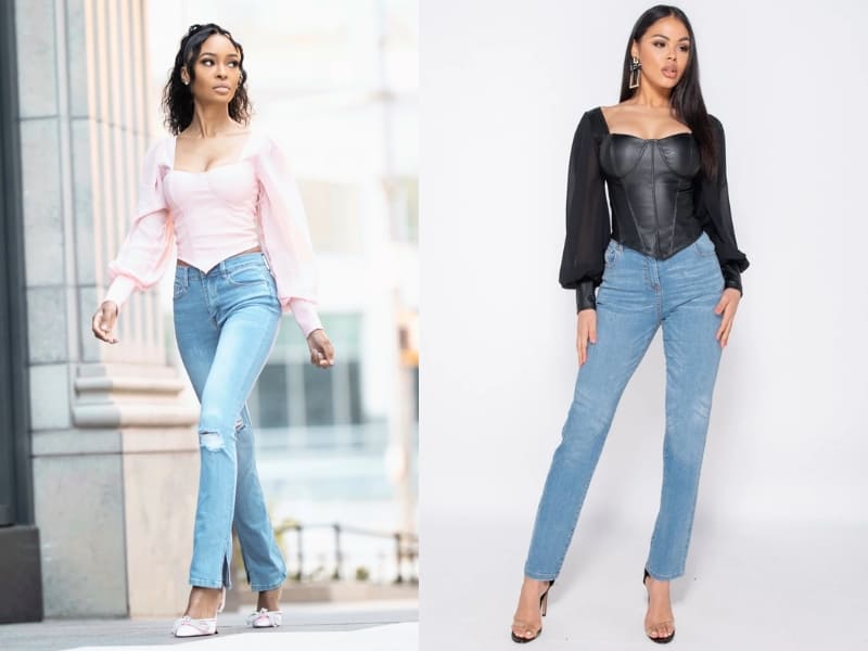 Mix áo corset tay bồng với quần jeans cá tính Mix áo corset tay bồng với quần jeans cá tính