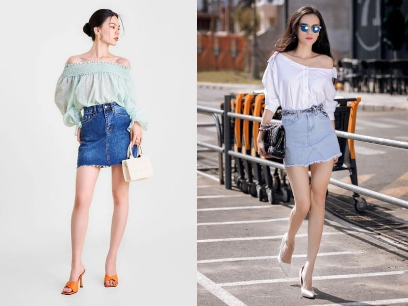 cách phối đồ với chân váy jean đi đám cưới