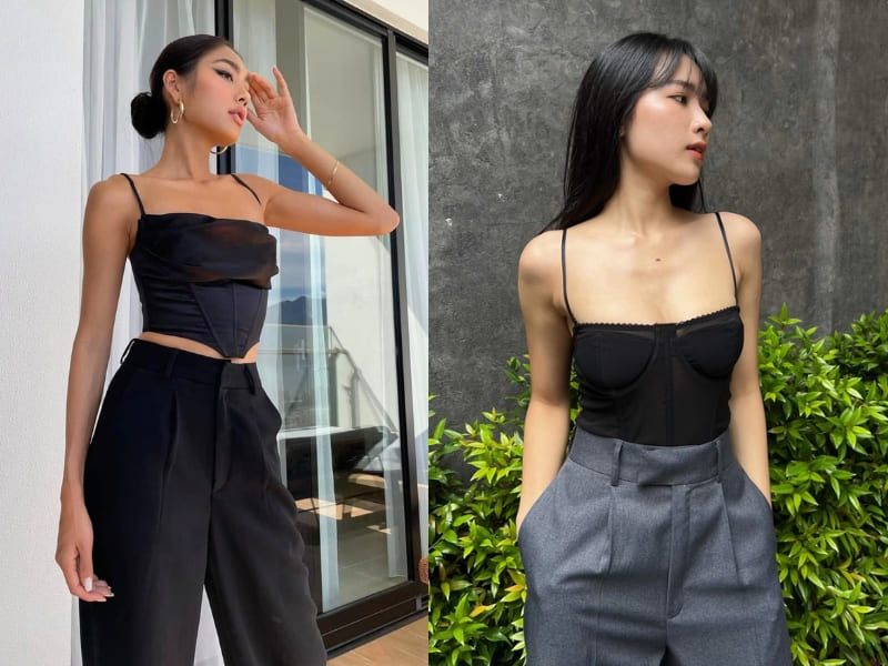 Phối đồ với áo corset hai dây cùng quần tây cạp cao quyến rũ Phối đồ với áo corset hai dây cùng quần tây cạp cao quyến rũ