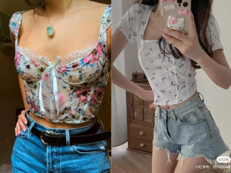 Phối đồ với áo corset ngắn tay họa tiết hoa nhí, quần short jean Phối đồ với áo corset ngắn tay họa tiết hoa nhí, quần short jean