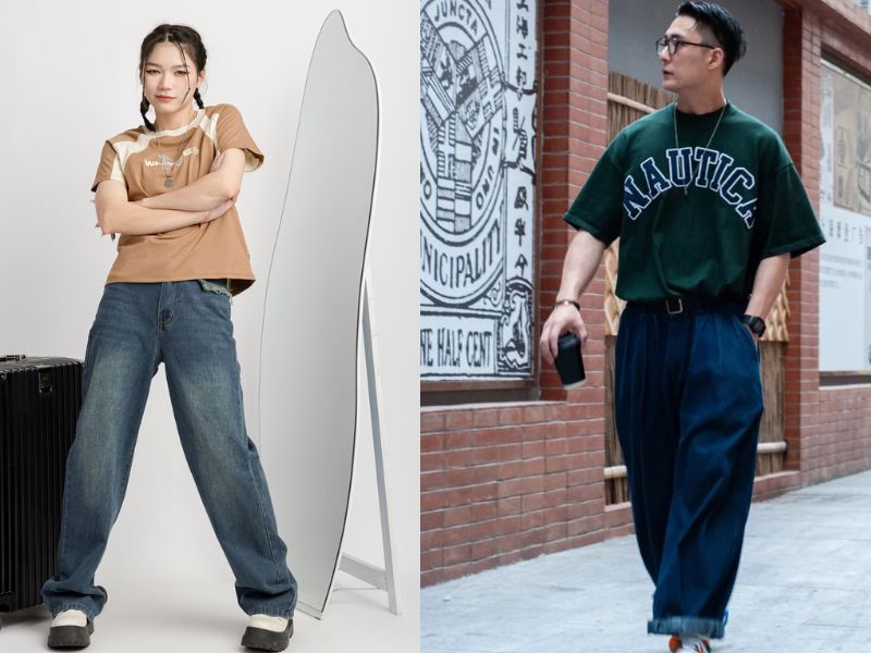 phối áo thun với quần jean ống rộng