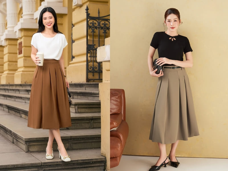 Phối áo thun nữ trung niên với chân váy