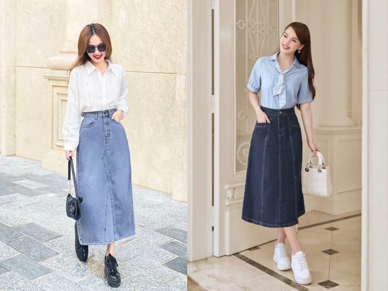 phối chân váy jean đi đám cưới