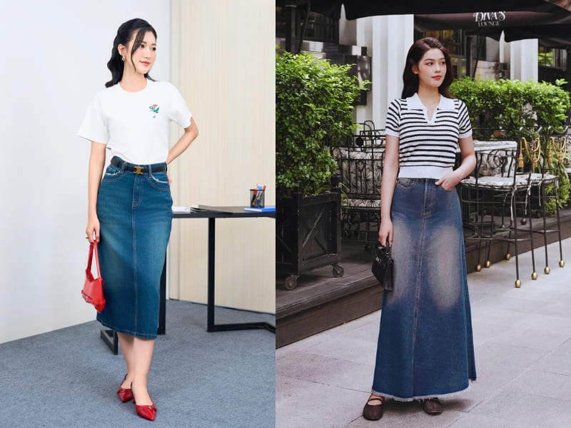 phối chân váy jean đi đám cưới