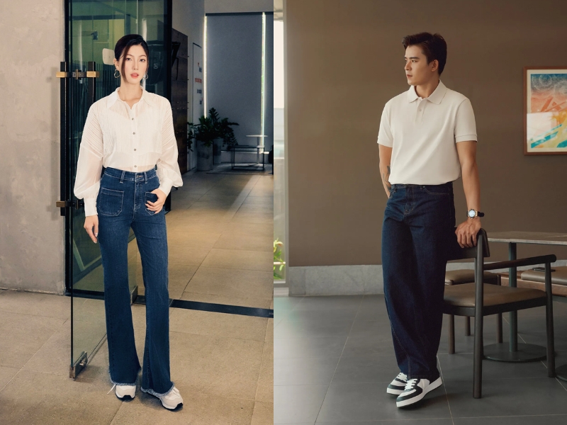 mix đồ đi đám cưới với quần jean ống rộng