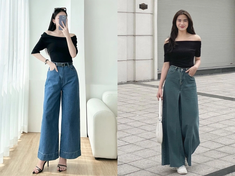 quần jean ống rộng mặc với áo gì