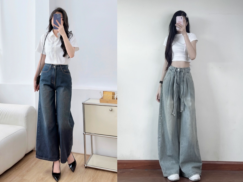 quần jean dài ống rộng phối với áo gì