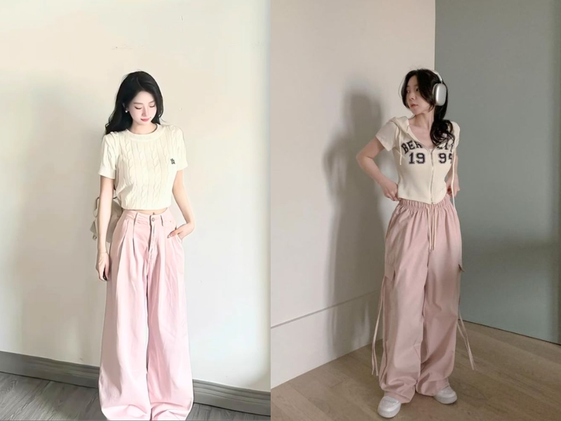 Quần hồng kết hợp với áo be