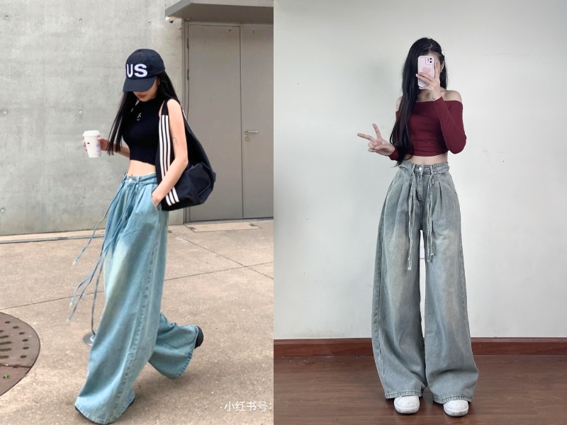 jean ống rộng mặc với áo gì
