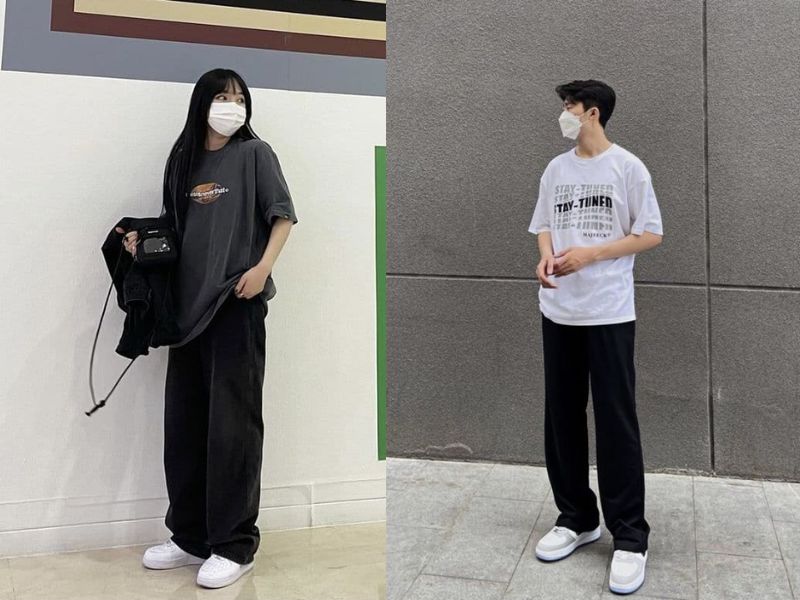 phối áo thun với quần jean ống rộng