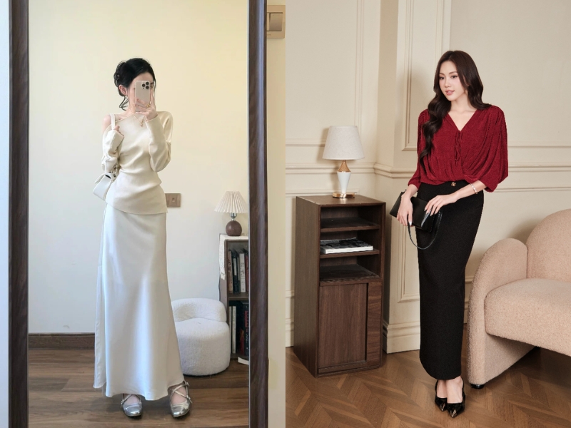 Chân váy ôm giúp cân bằng lại độ rộng của áo cánh dơi