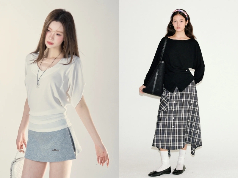 Khi phối cùng áo cánh dơi, outfit trở nên nhẹ nhàng, nữ tính